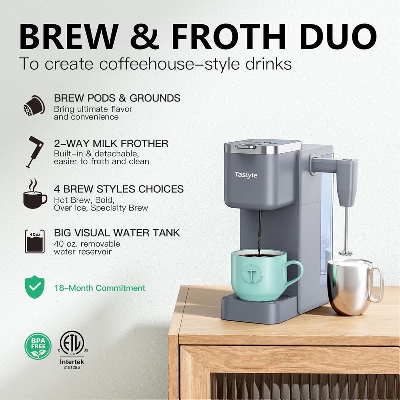 Tastyle Single Serve Coffee Maker with Built-in Detachable Milk Frother, Iced and Hot Coffee Machine for K Cup & Grounds, 40oz Removable Water Reservoir, 6 Cup Sizes, Fits 7.3" Travel Mug, Gray - Image 2